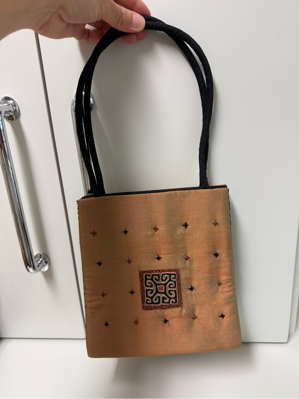 Shiraleah Tan Embroidered Shoulder Bag with Black Handles
